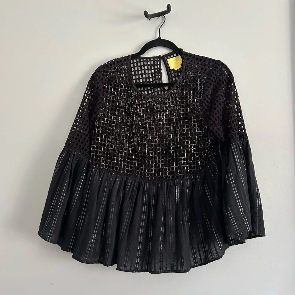 Maeve Eyelet Beaded Peplum Metallic Blouse with Wide‎ Sleeves